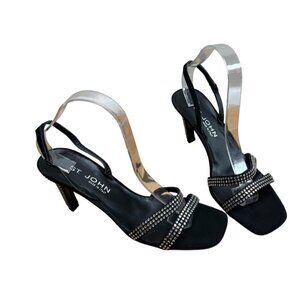St John Slingback Open Toe Rhinestone Heels Womens Size 9.5 Caviar Black Satin